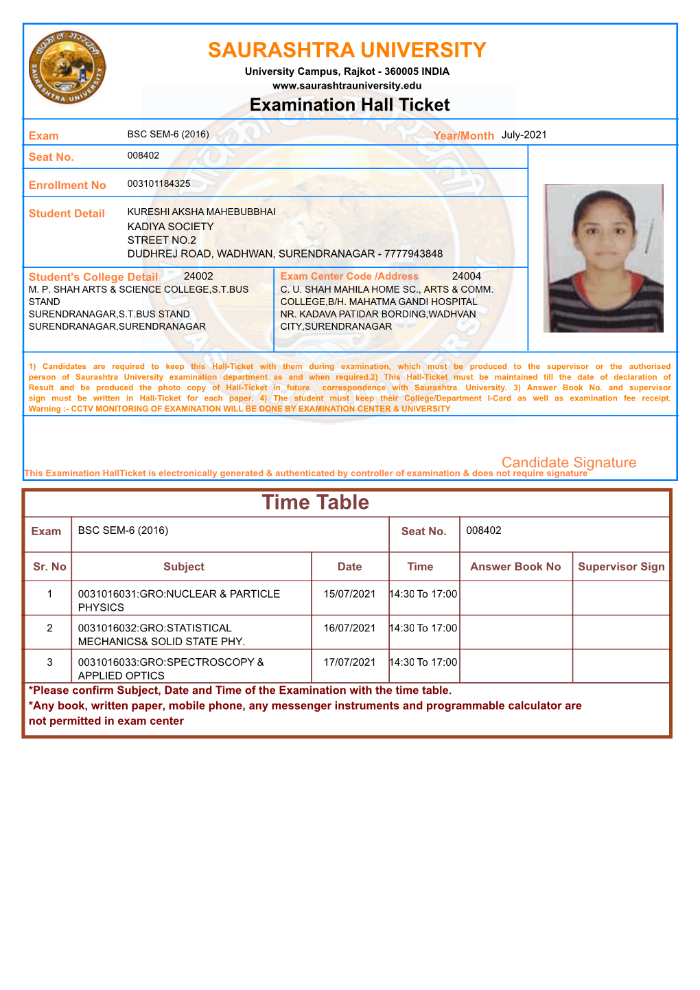 SAURASHTRA UNIVERSITY Time Table