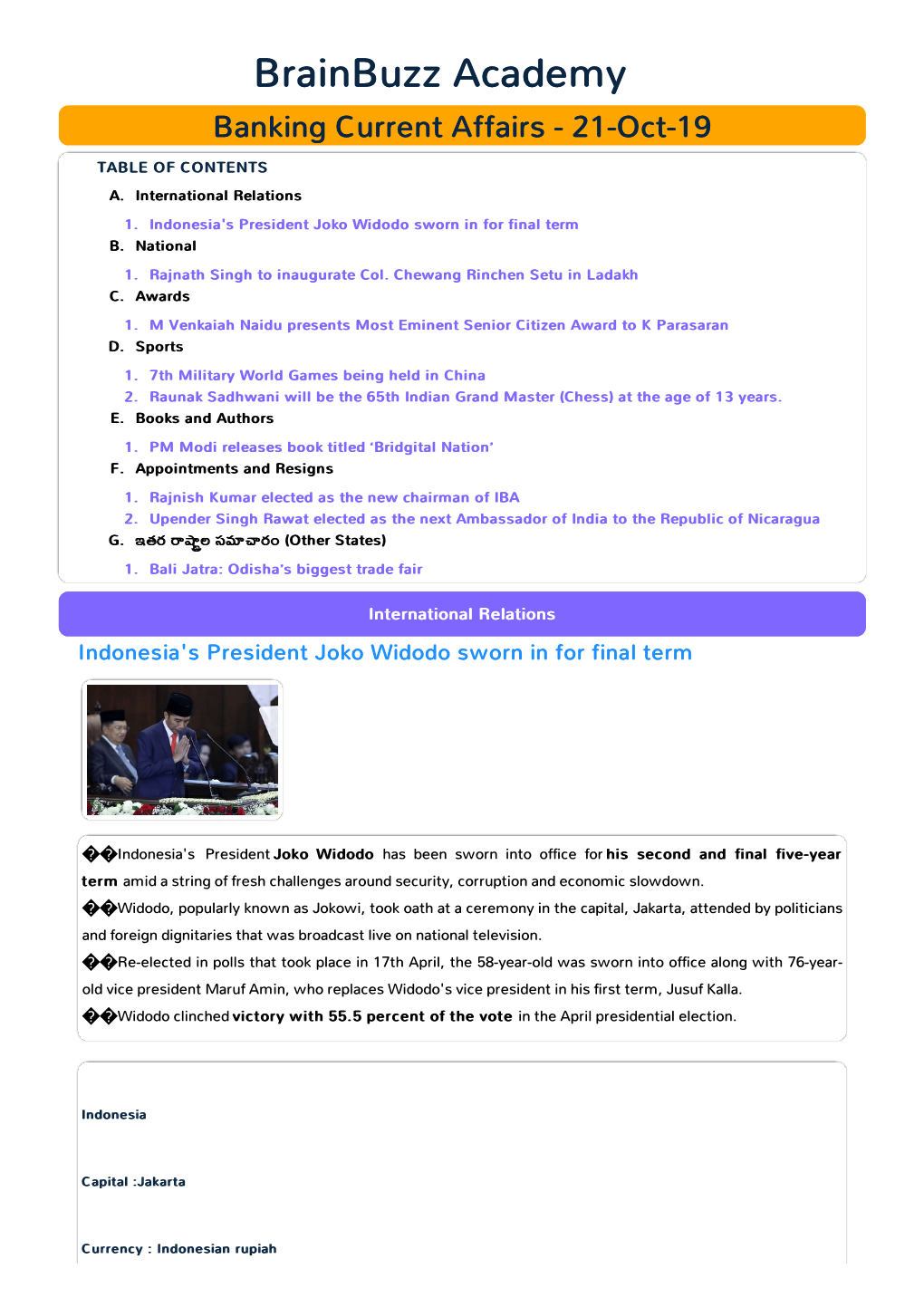 Banking Current Affairs - 21-Oct-19 TABLE of CONTENTS A