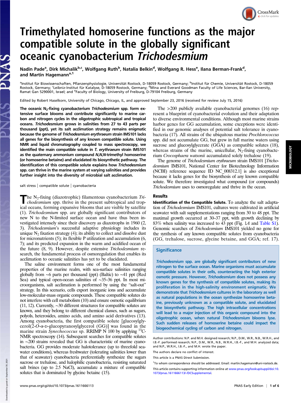 Trimethylated Homoserine Functions As the Major Compatible Solute in the Globally Significant Oceanic Cyanobacterium Trichodesmium