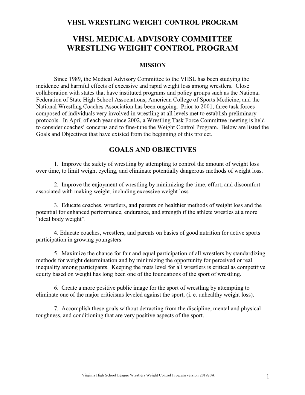 Vhsl Medical Advisory Committee Wrestling Weight Control Program