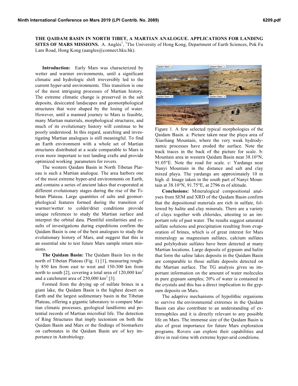 The Qaidam Basin in North Tibet, a Martian Analogue