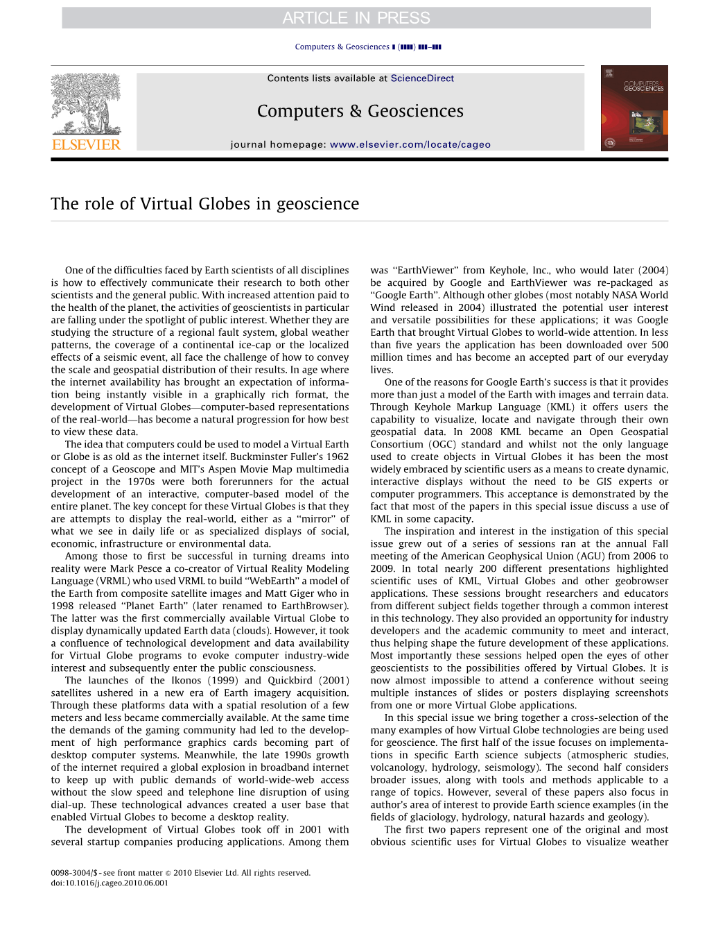 The Role of Virtual Globes in Geoscience