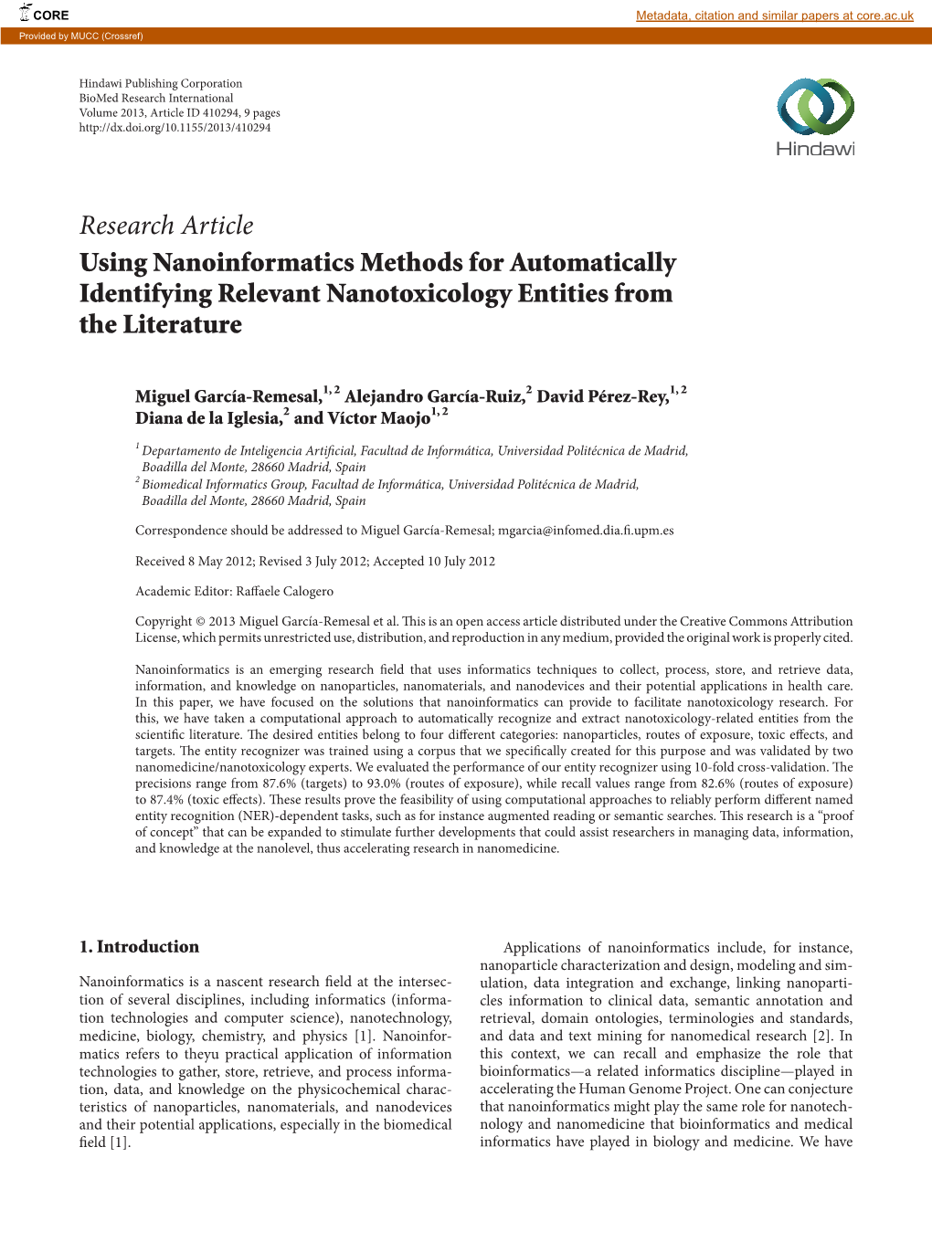 Research Article Using Nanoinformatics Methods for Automatically Identifying Relevant Nanotoxicology Entities from the Literature