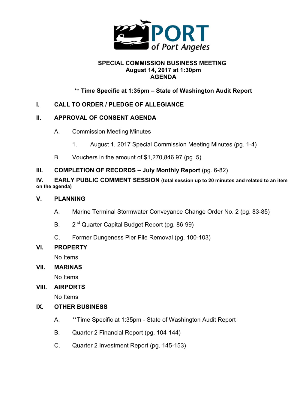 SPECIAL COMMISSION BUSINESS MEETING August 14, 2017 at 1:30Pm AGENDA