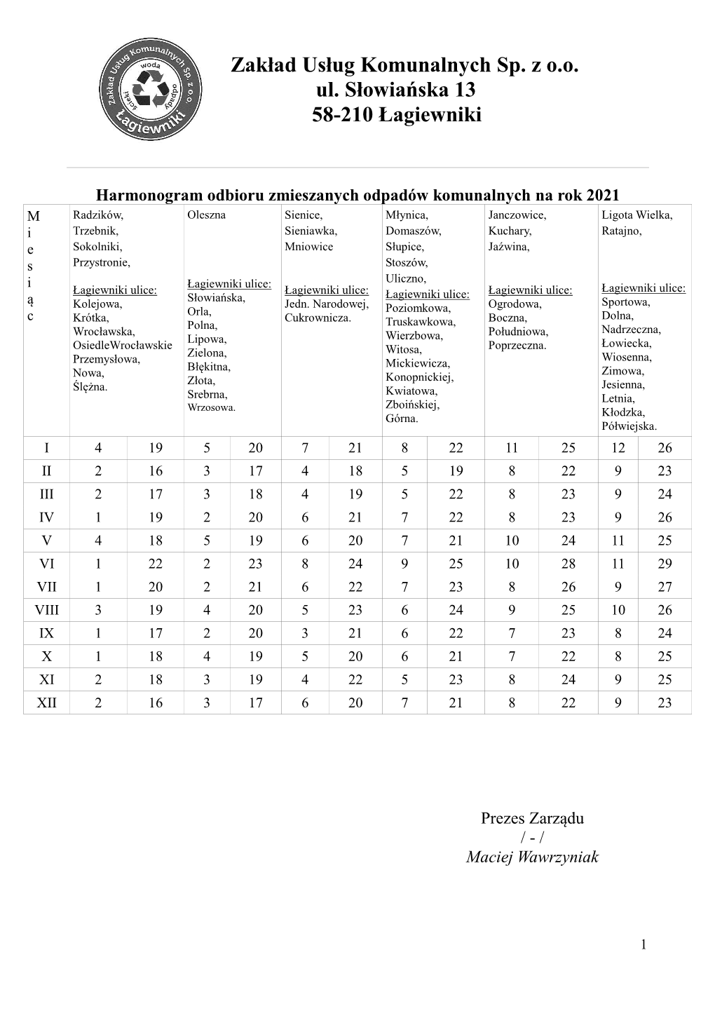 Zakład Usług Komunalnych Sp. Z O.O. Ul. Słowiańska 13 58-210 Łagiewniki