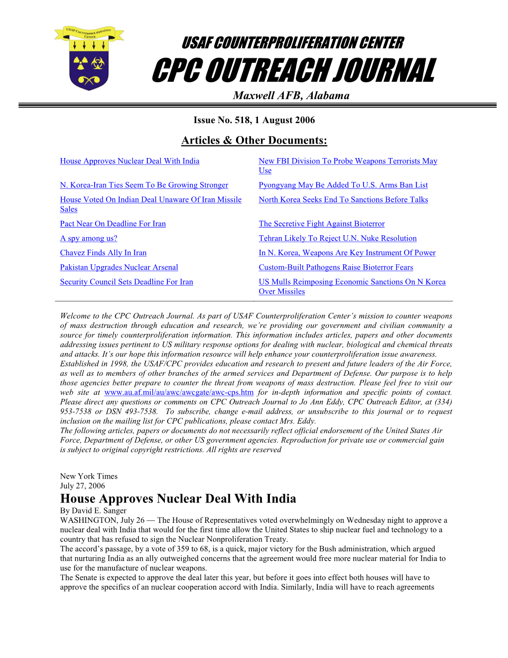 USAF Counterproliferation Center CPC Outreach Journal #518