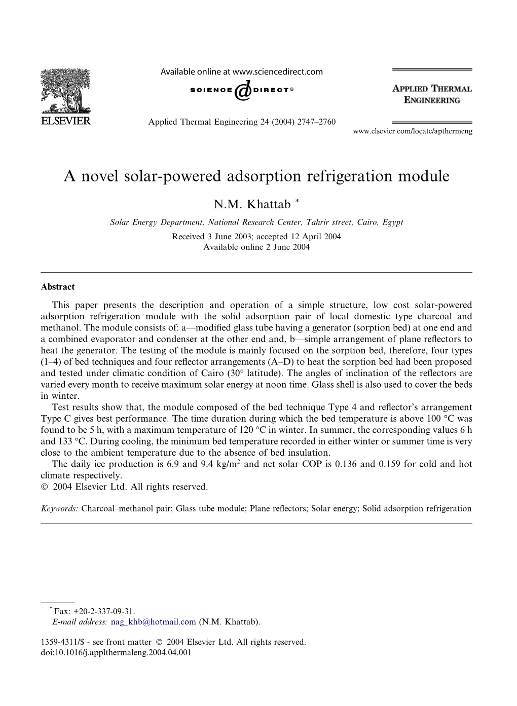 A Novel Solar-Powered Adsorption Refrigeration Module