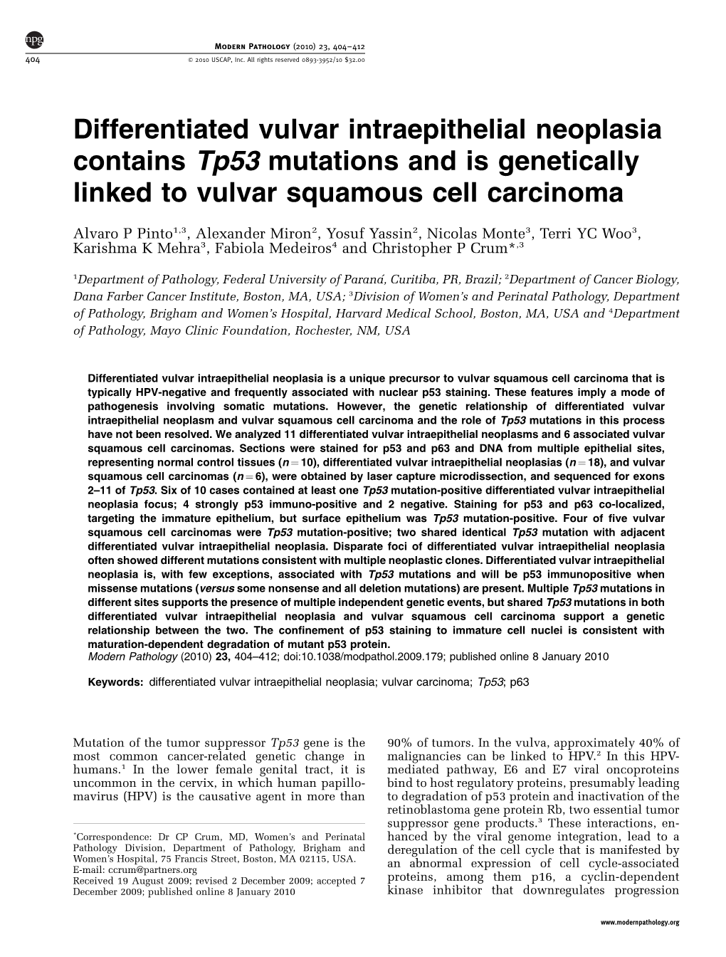 Differentiated Vulvar Intraepithelial Neoplasia Contains Tp53 Mutations and Is Genetically Linked to Vulvar Squamous Cell Carcinoma