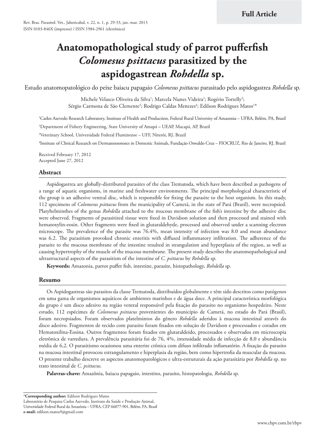 Anatomopathological Study of Parrot Pufferfish Colomesus Psittacus Parasitized by the Aspidogastrean Rohdella Sp