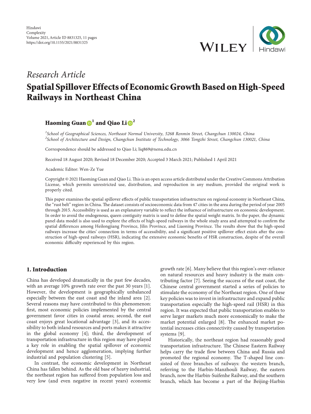 Spatial Spillover Effects of Economic Growth Based on High-Speed Railways in Northeast China