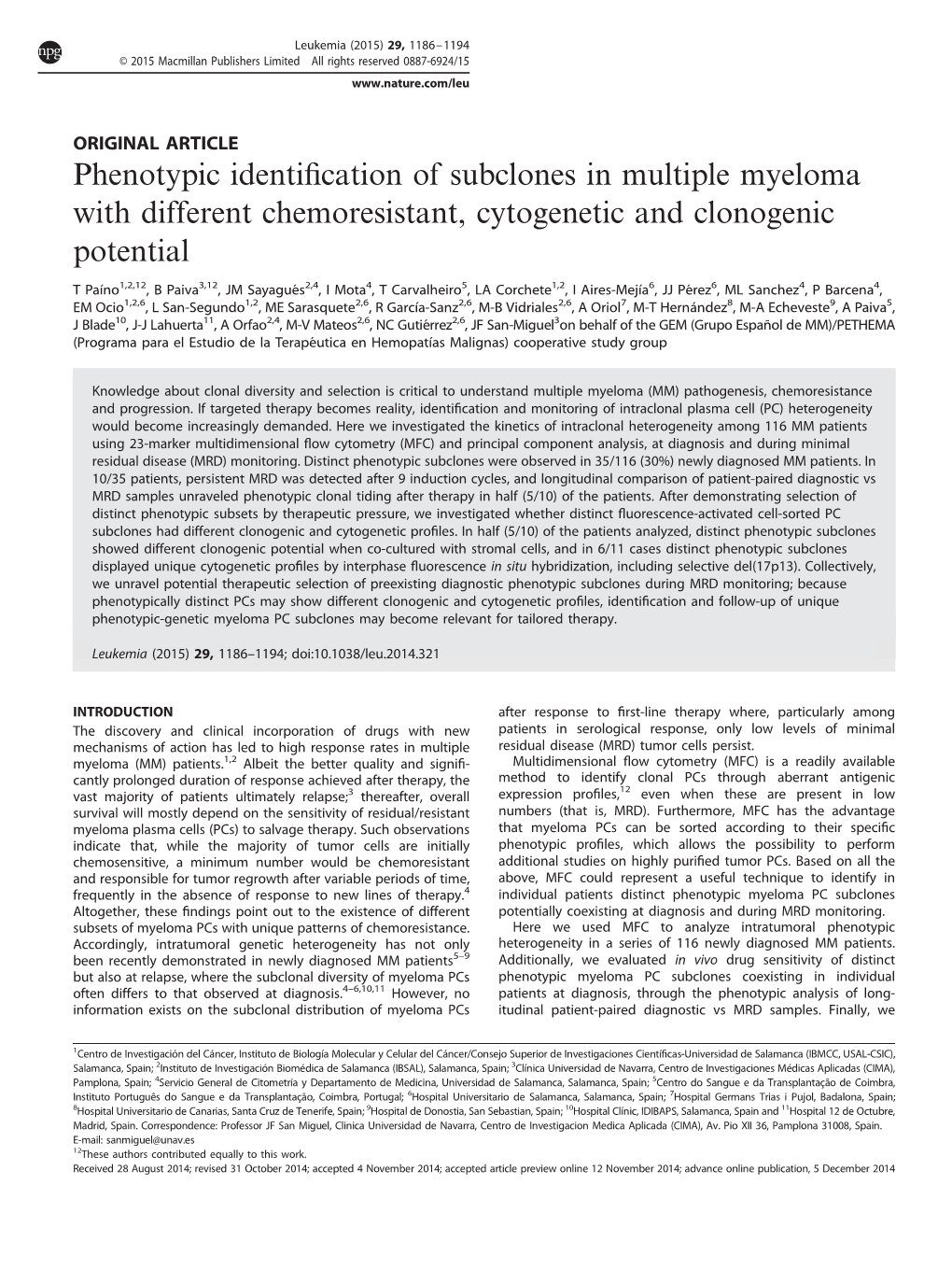 Phenotypic Identification of Subclones in Multiple Myeloma with Different