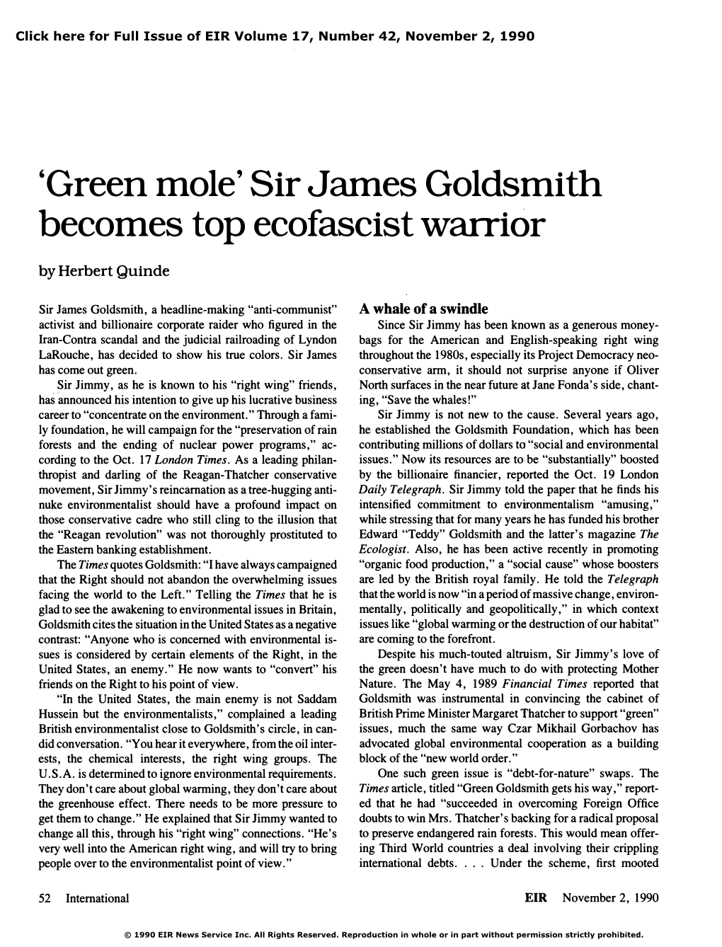 'Green Mole' Sir James Goldsmith Becomes Top Ecofascist Warrior