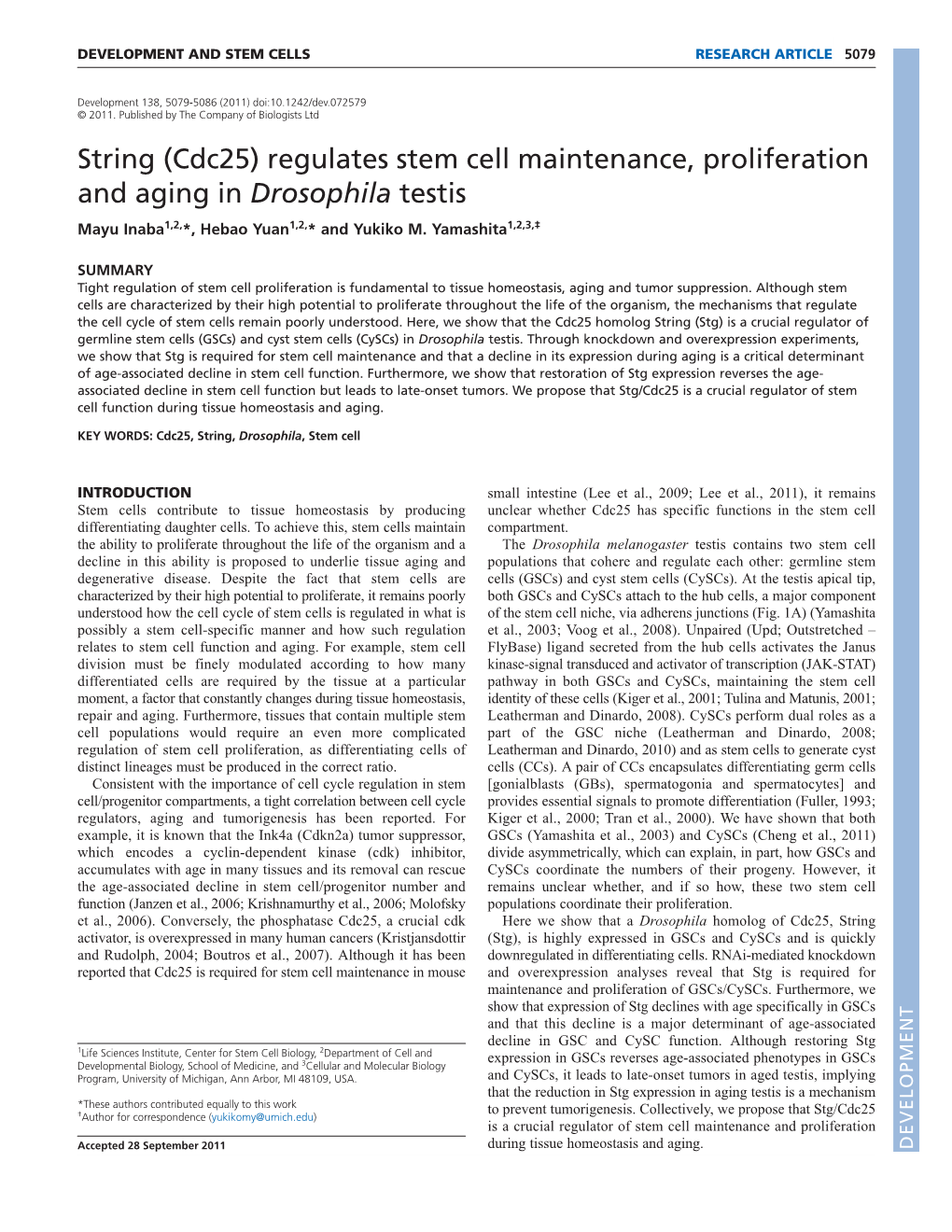 String (Cdc25) Regulates Stem Cell Maintenance, Proliferation and Aging in Drosophila Testis Mayu Inaba1,2,*, Hebao Yuan1,2,* and Yukiko M