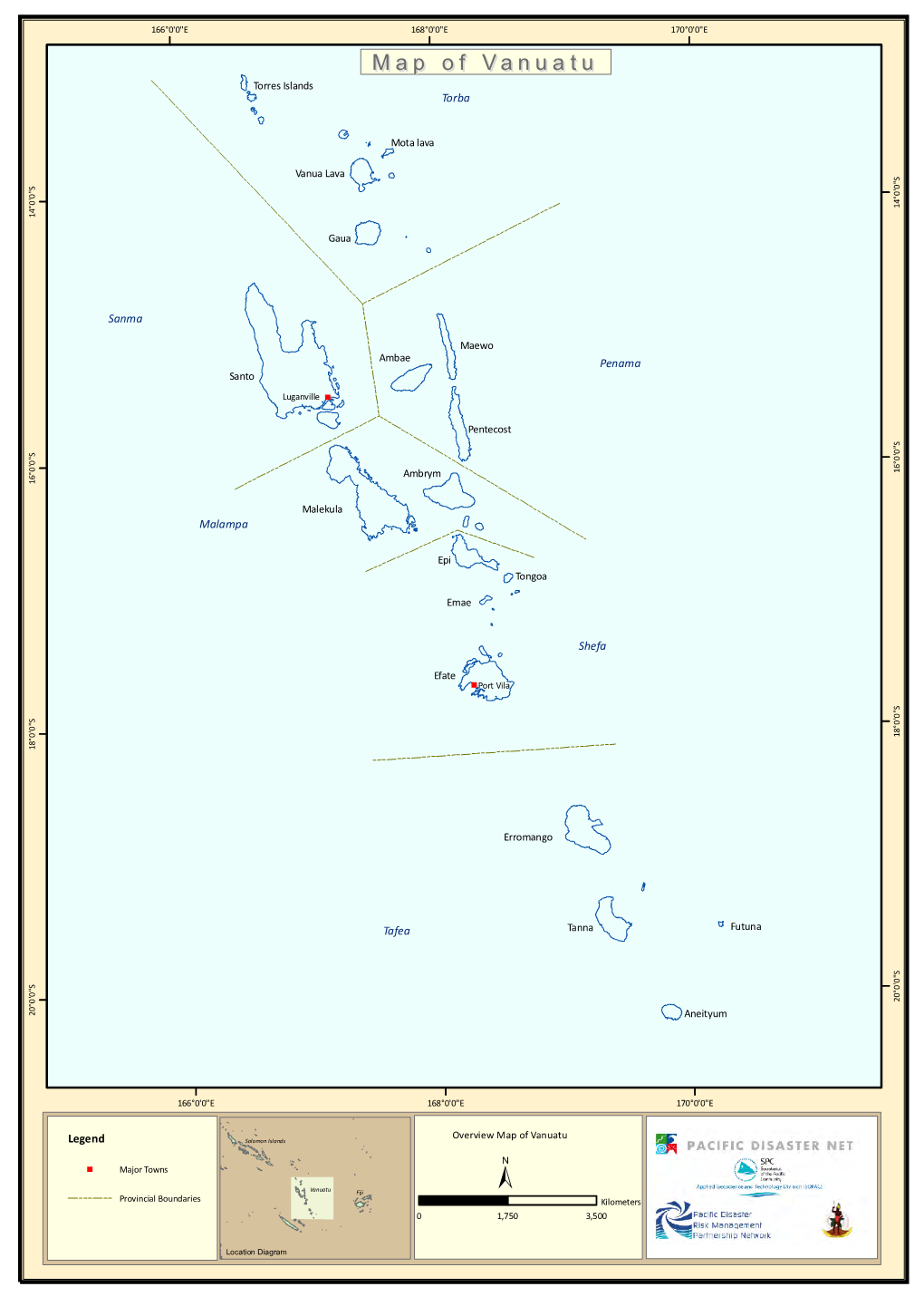 Map of Vanuatu Legend Solomon Islands " Major Towns ± Vanuatu Fiji Provincial Boundaries Kilometers 0 1,750 3,500