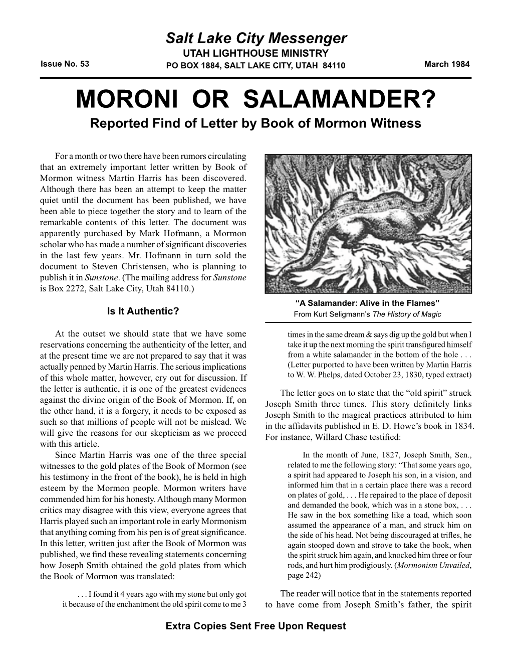MORONI OR SALAMANDER? Reported Find of Letter by Book of Mormon Witness