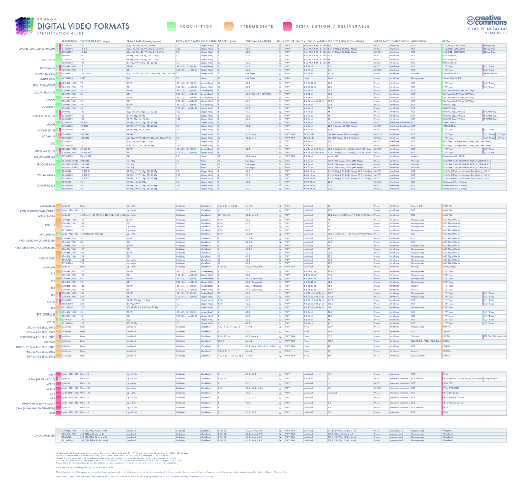 Digital Video Formats Compiled by Zak Ray Specification Guide Version 1.1