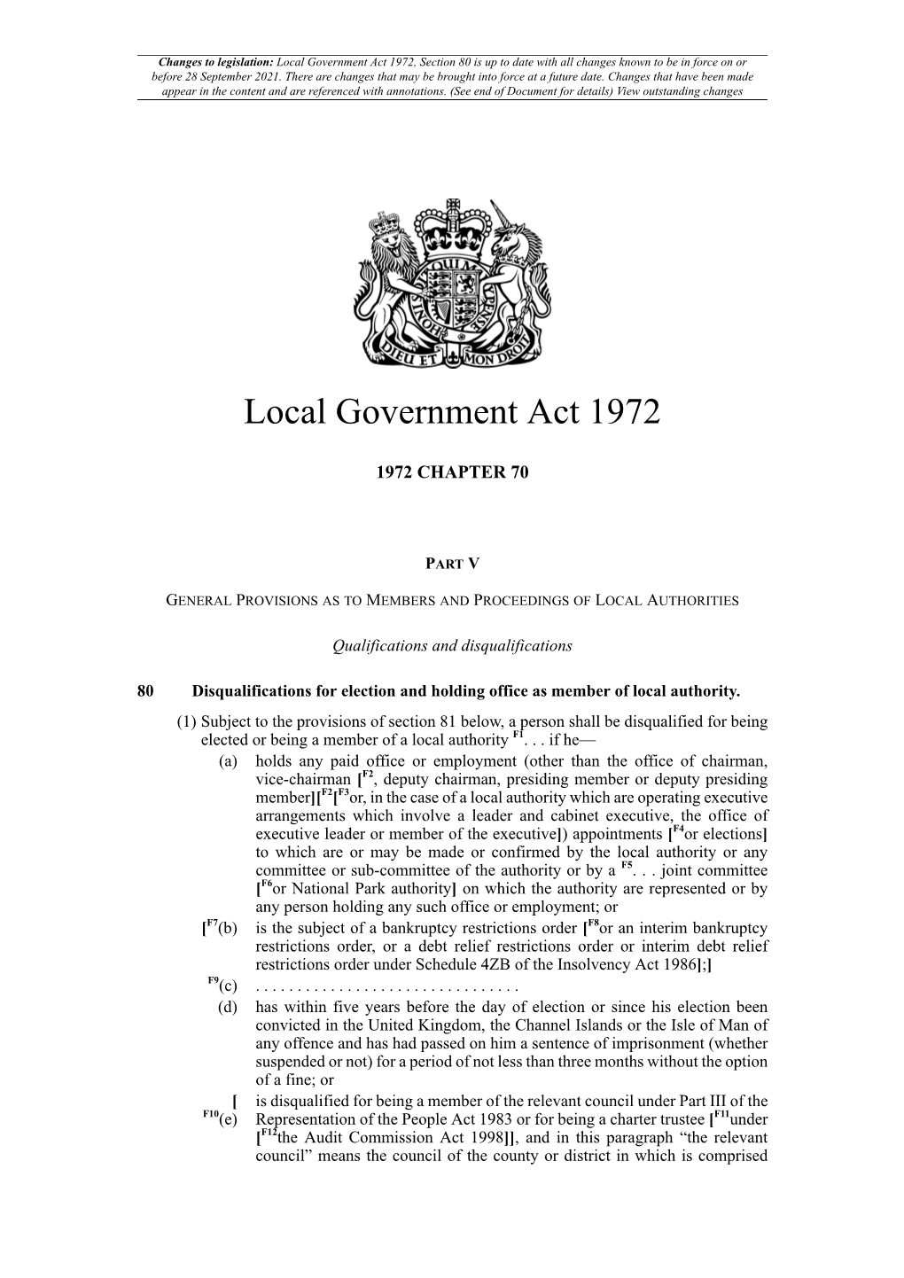 Local Government Act 1972, Section 80 Is up to Date with All Changes Known to Be in Force on Or Before 28 September 2021
