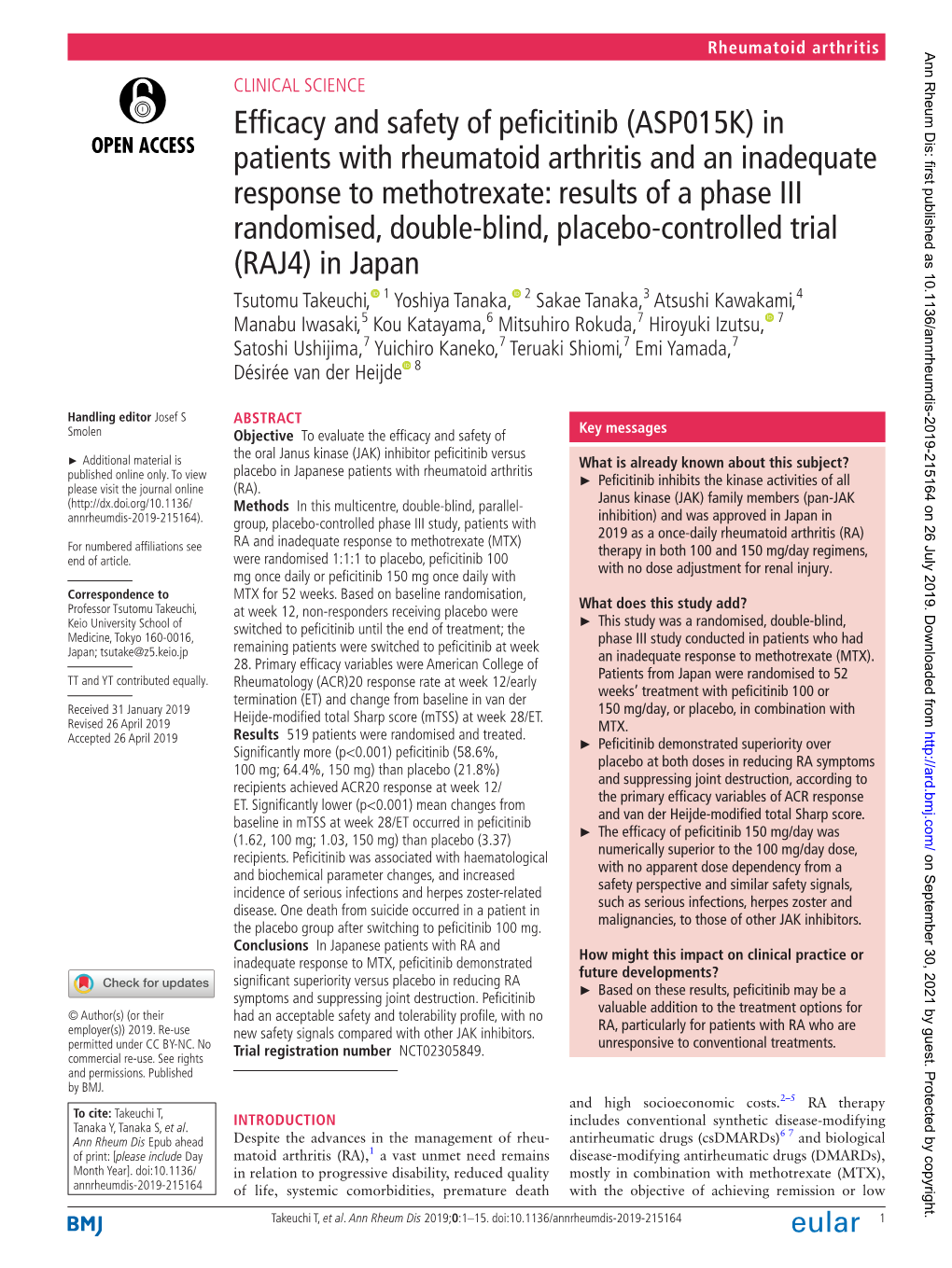 Efficacy and Safety of Peficitinib (ASP015K) in Patients With