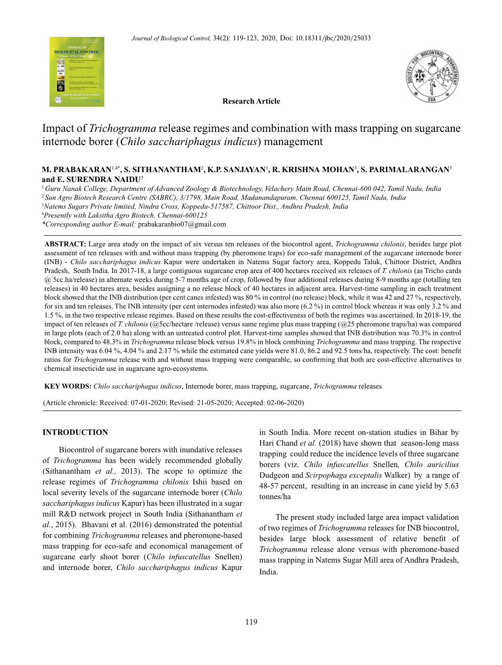 Impact of Trichogramma Release Regimes and Combination with Mass Trapping on Sugarcane Internode Borer (Chilo Sacchariphagus Indicus) Management