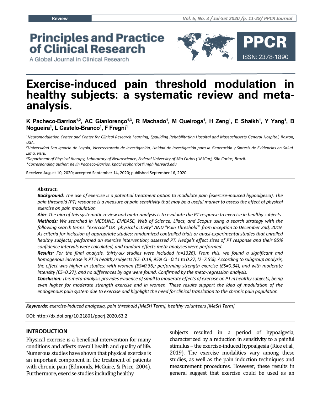 Exercise-Induced Pain Threshold Modulation in Healthy Subjects: a Systematic Review and Meta- Analysis