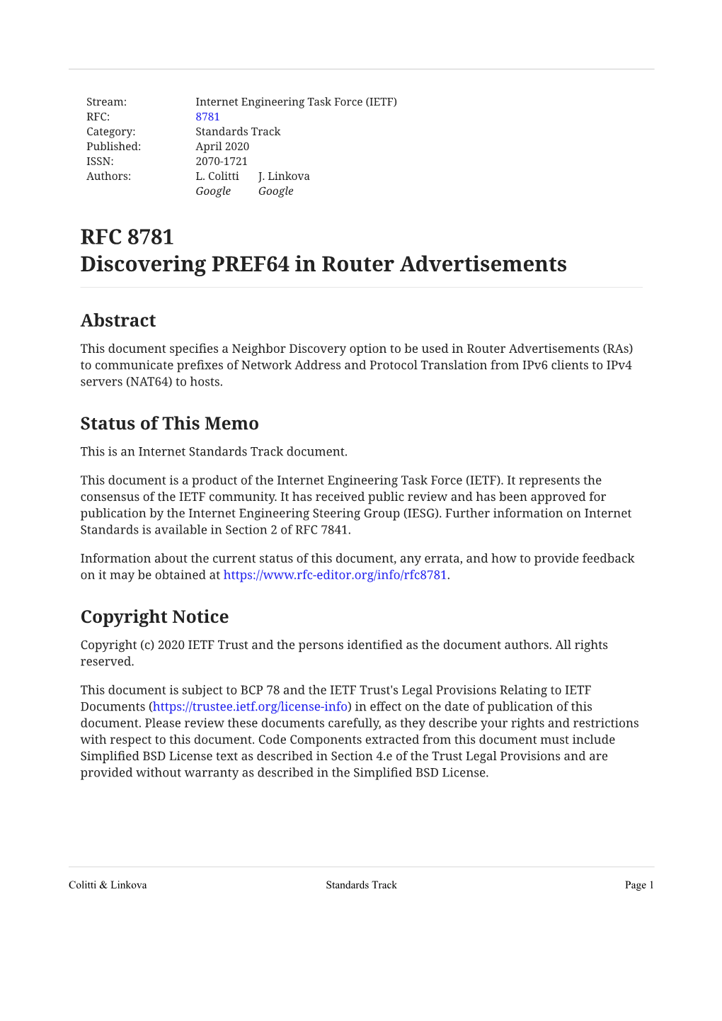 RFC 8781 Discovering PREF64 in Router Advertisements