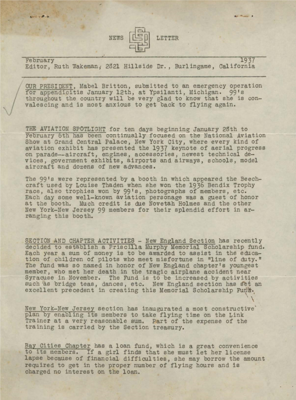 February 1937 Editor, Ruth Wakeman1 2~21 Hillside Dr., Burlingame, California