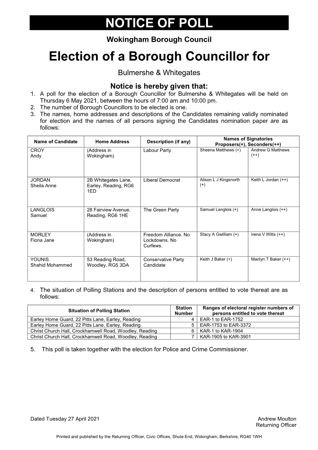 NOTICE of POLL Election of a Borough Councillor