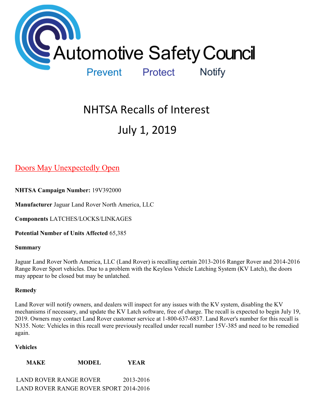 NHTSA Recalls of Interest July 1, 2019