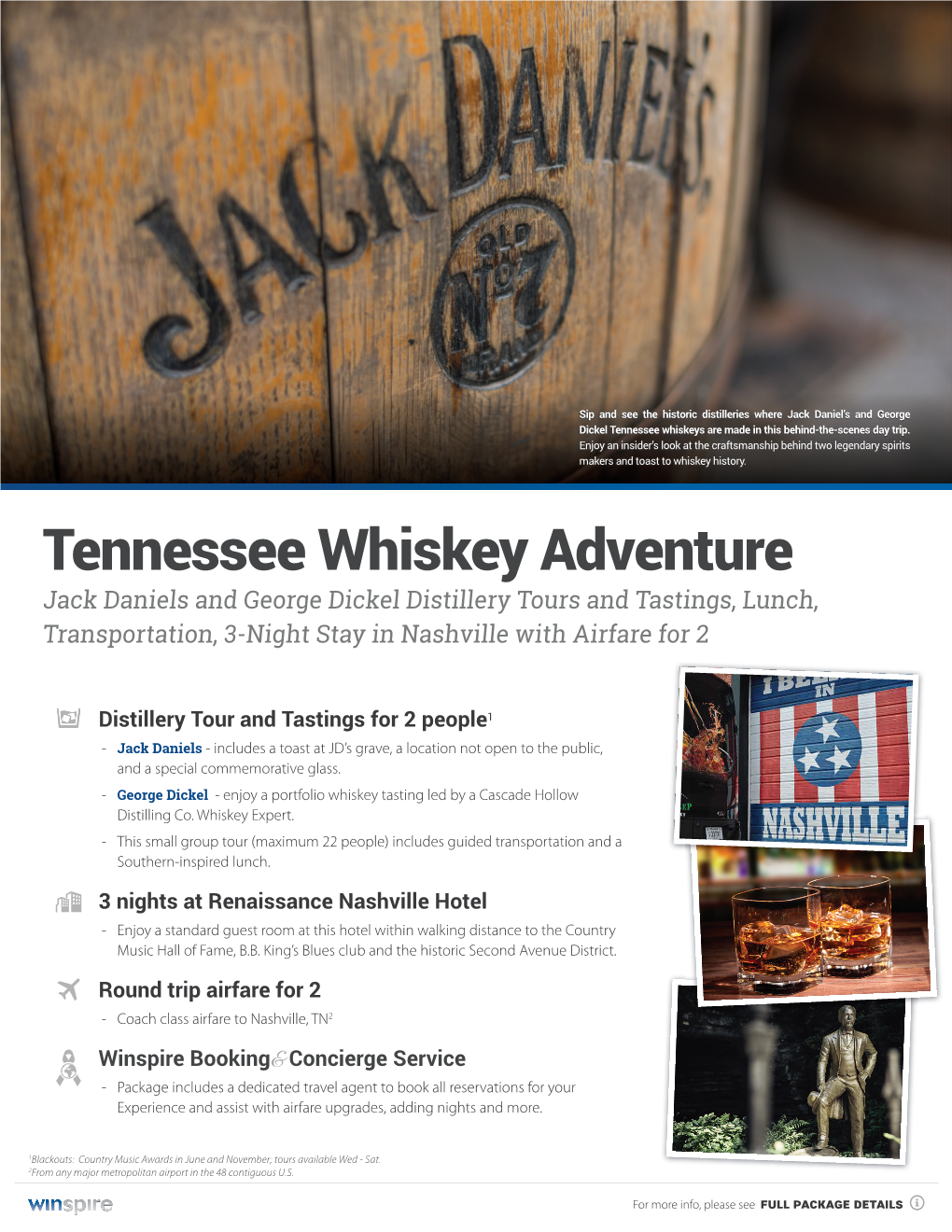 Tennessee Whiskey Adventure Jack Daniels and George Dickel Distillery Tours and Tastings, Lunch, Transportation, 3-Night Stay in Nashville with Airfare for 2