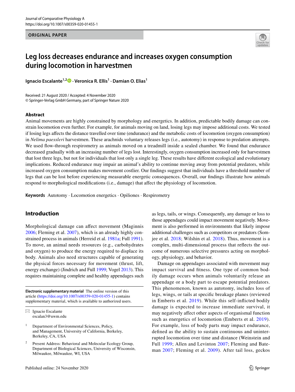 Leg Loss Decreases Endurance and Increases Oxygen Consumption During Locomotion in Harvestmen