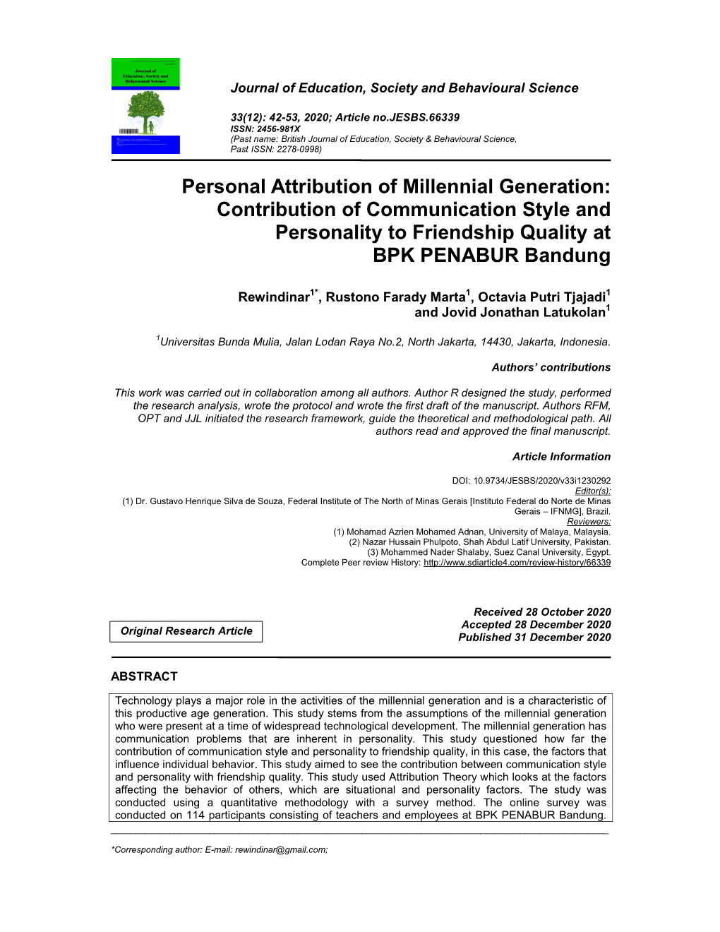 Personal Attribution of Millennial Generation: Contribution of Communication Style and Personality to Friendship Quality at BPK PENABUR Bandung