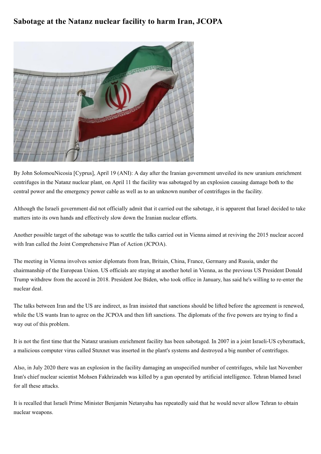 Sabotage at the Natanz Nuclear Facility to Harm Iran, JCOPA