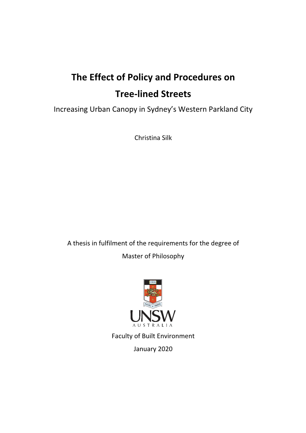 The Effect of Policy and Procedures on Tree-Lined Streets Increasing Urban Canopy in Sydney’S Western Parkland City