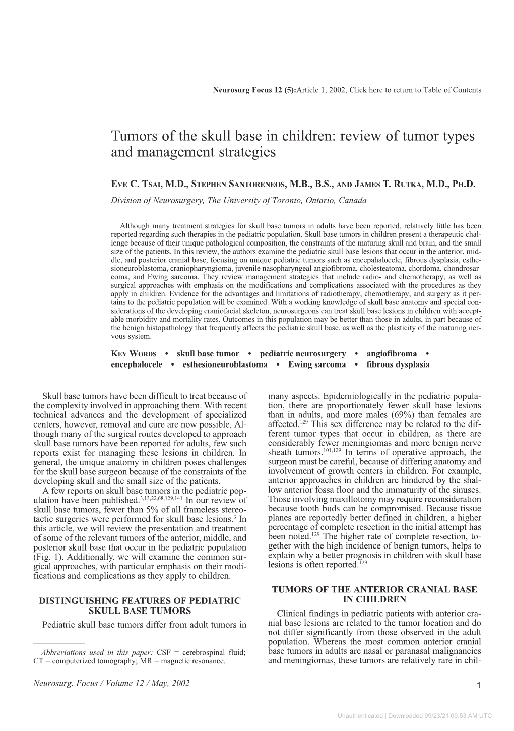 Tumors of the Skull Base in Children: Review of Tumor Types and Management Strategies