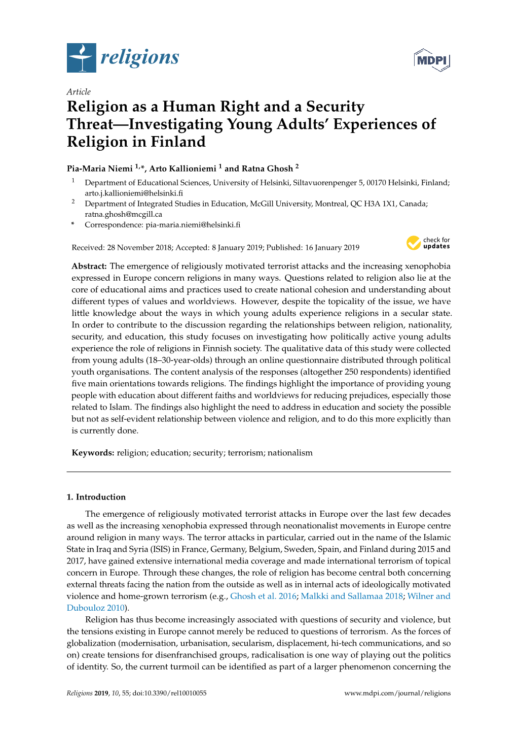 Religion As a Human Right and a Security Threat—Investigating Young Adults’ Experiences of Religion in Finland