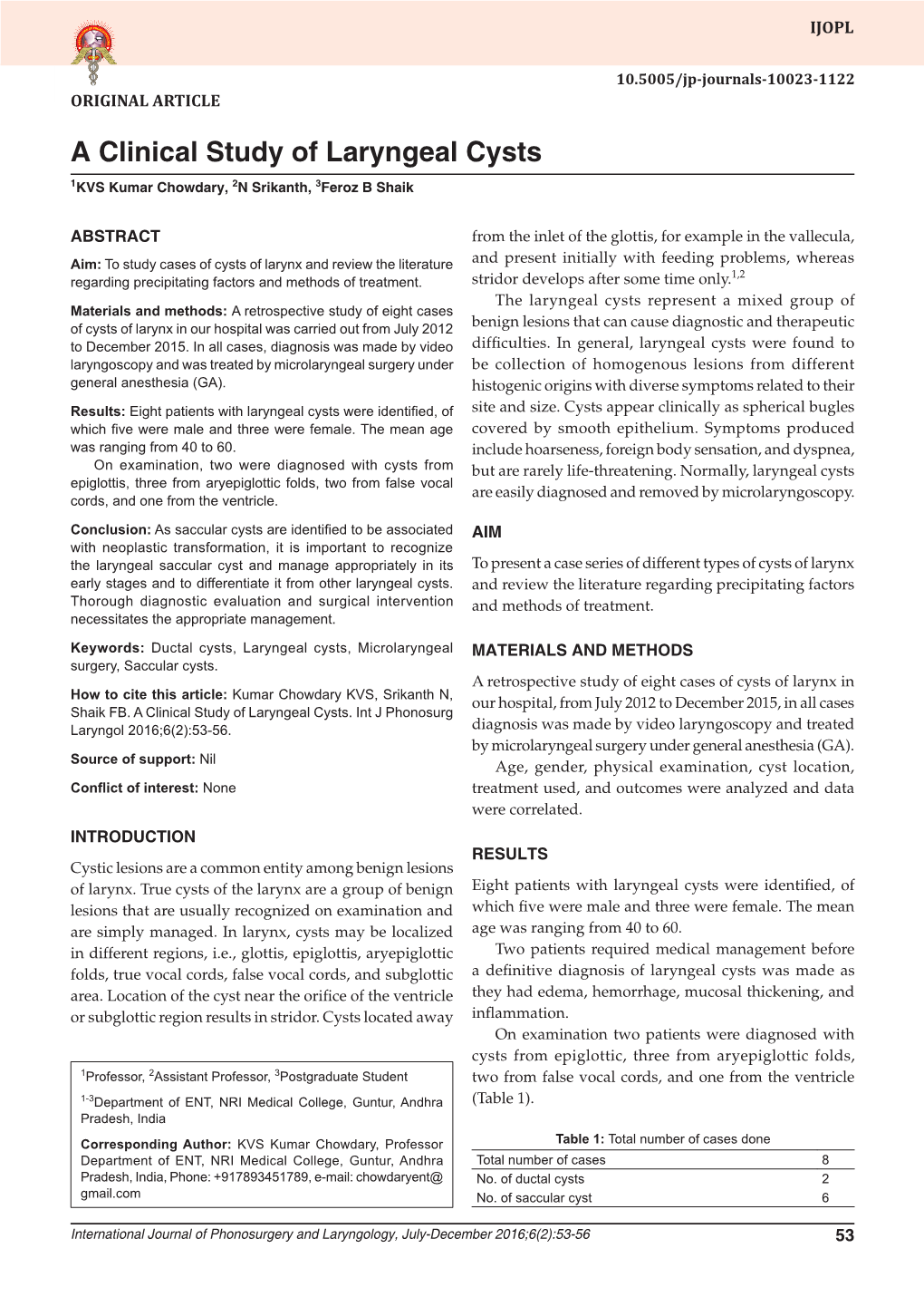 A Clinical Study of Laryngeal Cysts ORIGINAL ARTICLE