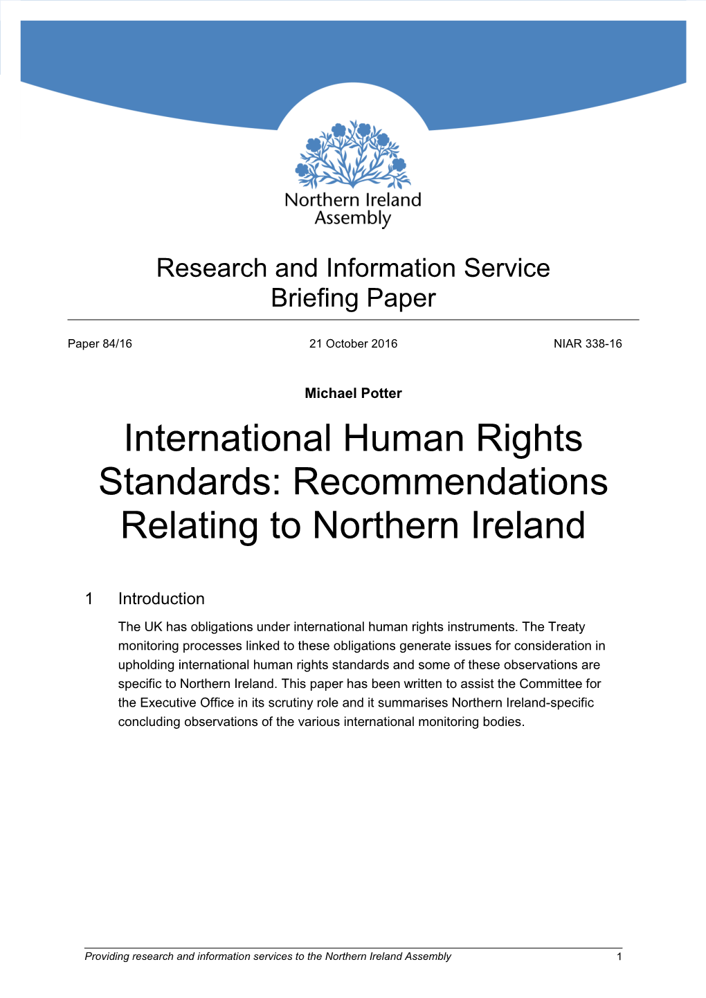 International Human Rights Standards: Recommendations Relating to Northern Ireland