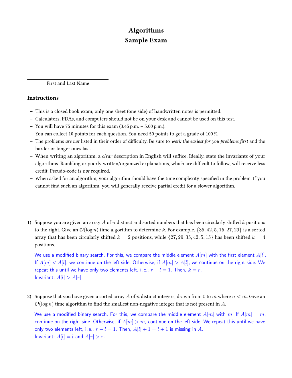 Algorithms Sample Exam