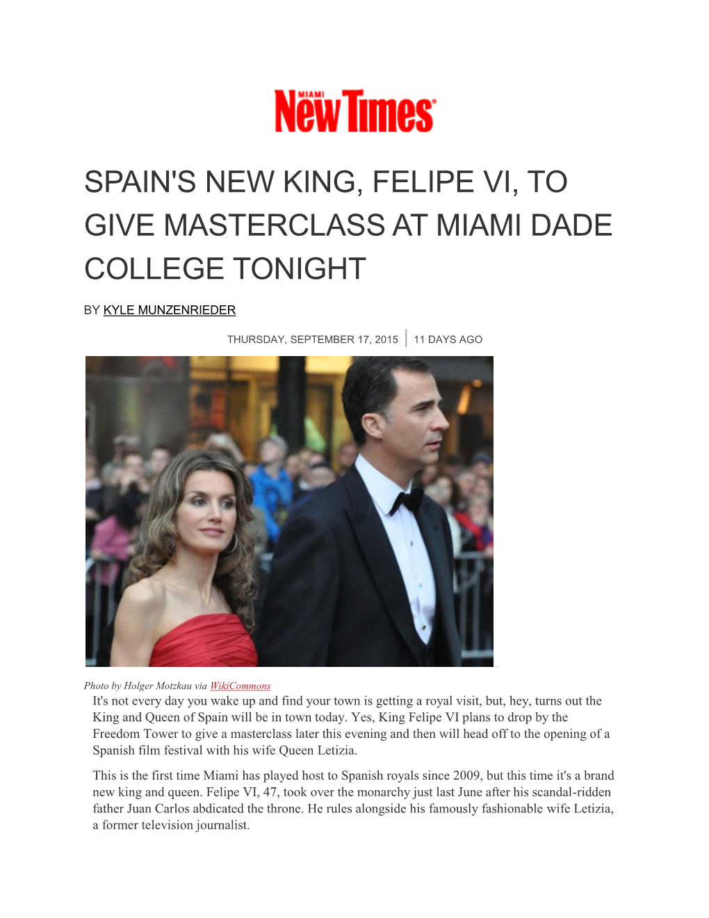 Spain's New King, Felipe Vi, to Give Masterclass at Miami Dade College Tonight