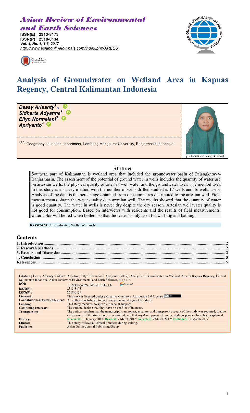 Analysis of Groundwater on Wetland Area in Kapuas Regency, Central Kalimantan Indonesia