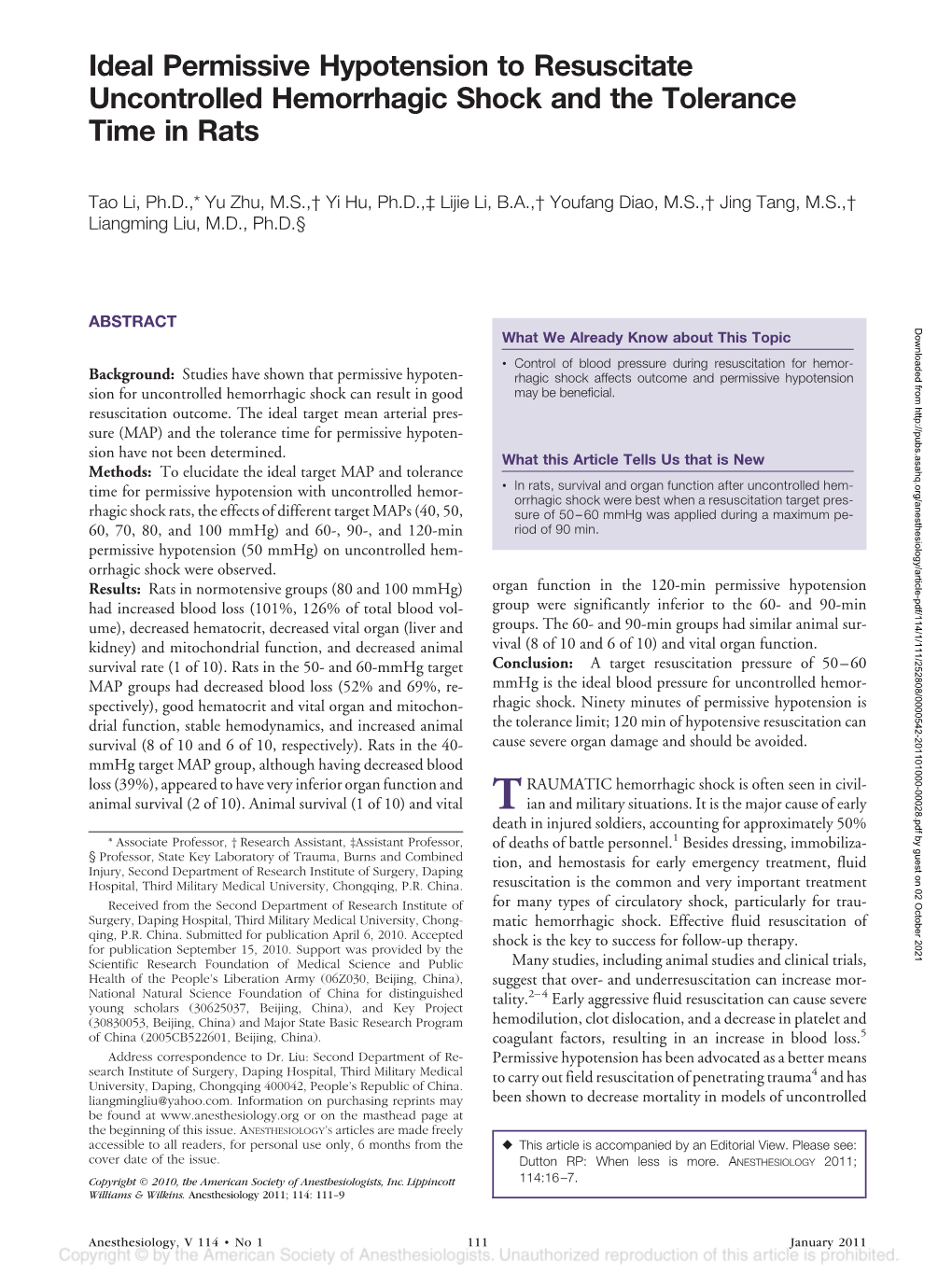 Ideal Permissive Hypotension to Resuscitate Uncontrolled Hemorrhagic Shock and the Tolerance Time in Rats