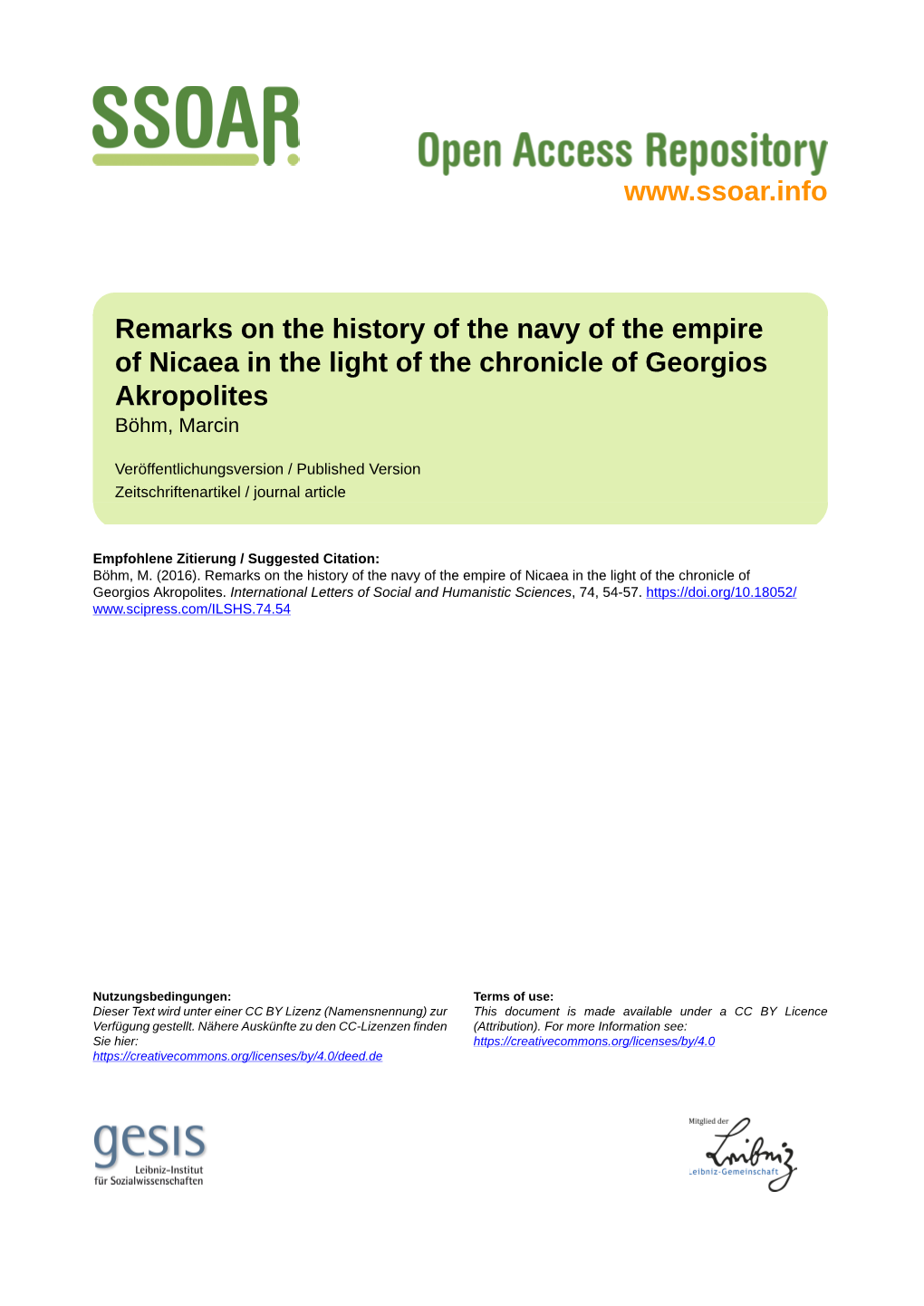 Remarks on the History of the Navy of the Empire of Nicaea in the Light of the Chronicle of Georgios Akropolites Böhm, Marcin