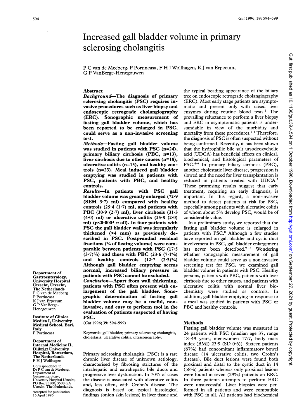 Increased Gall Bladder Volume in Primary Sclerosing Cholangitis Gut: First Published As 10.1136/Gut.39.4.594 on 1 October 1996