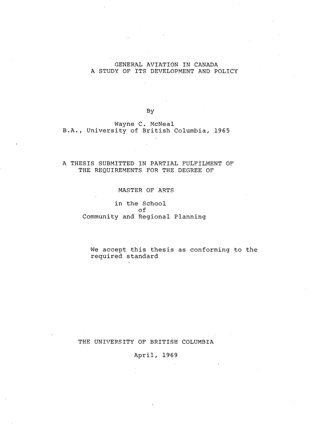 General Aviation in Canada a Study of Its Development and Policy