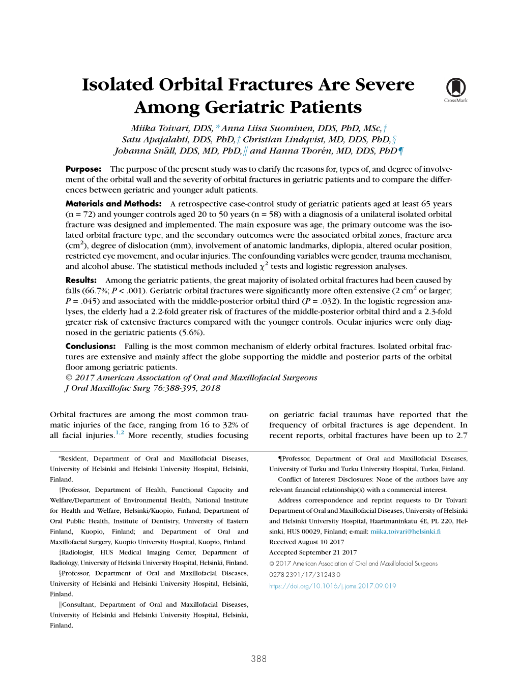 Isolated Orbital Fractures Are Severe Among Geriatric Patients