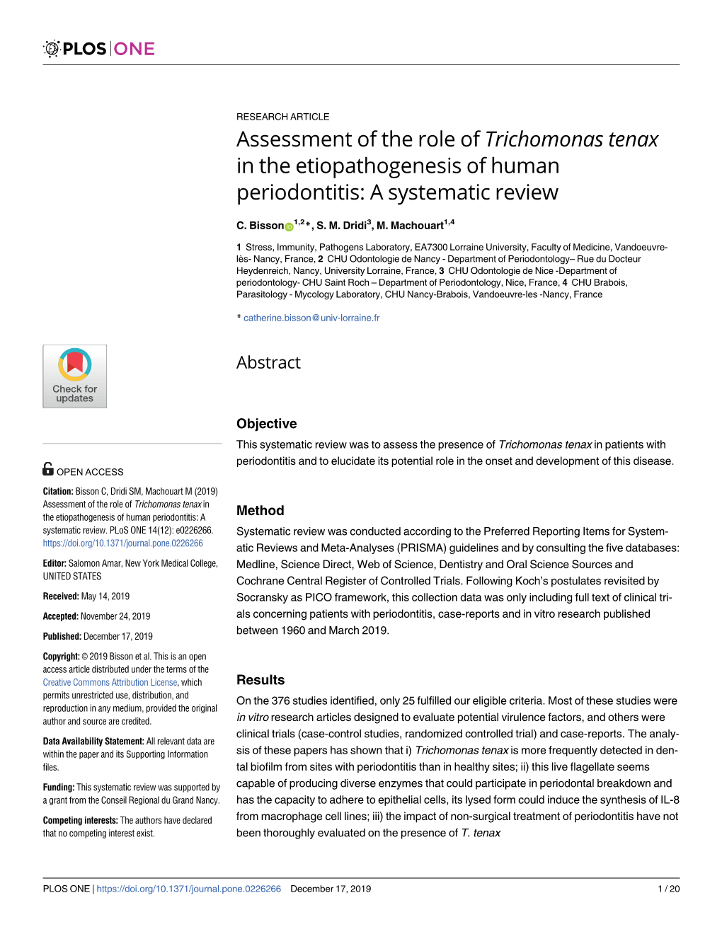 Assessment of the Role of Trichomonas Tenax in the Etiopathogenesis of Human Periodontitis: a Systematic Review