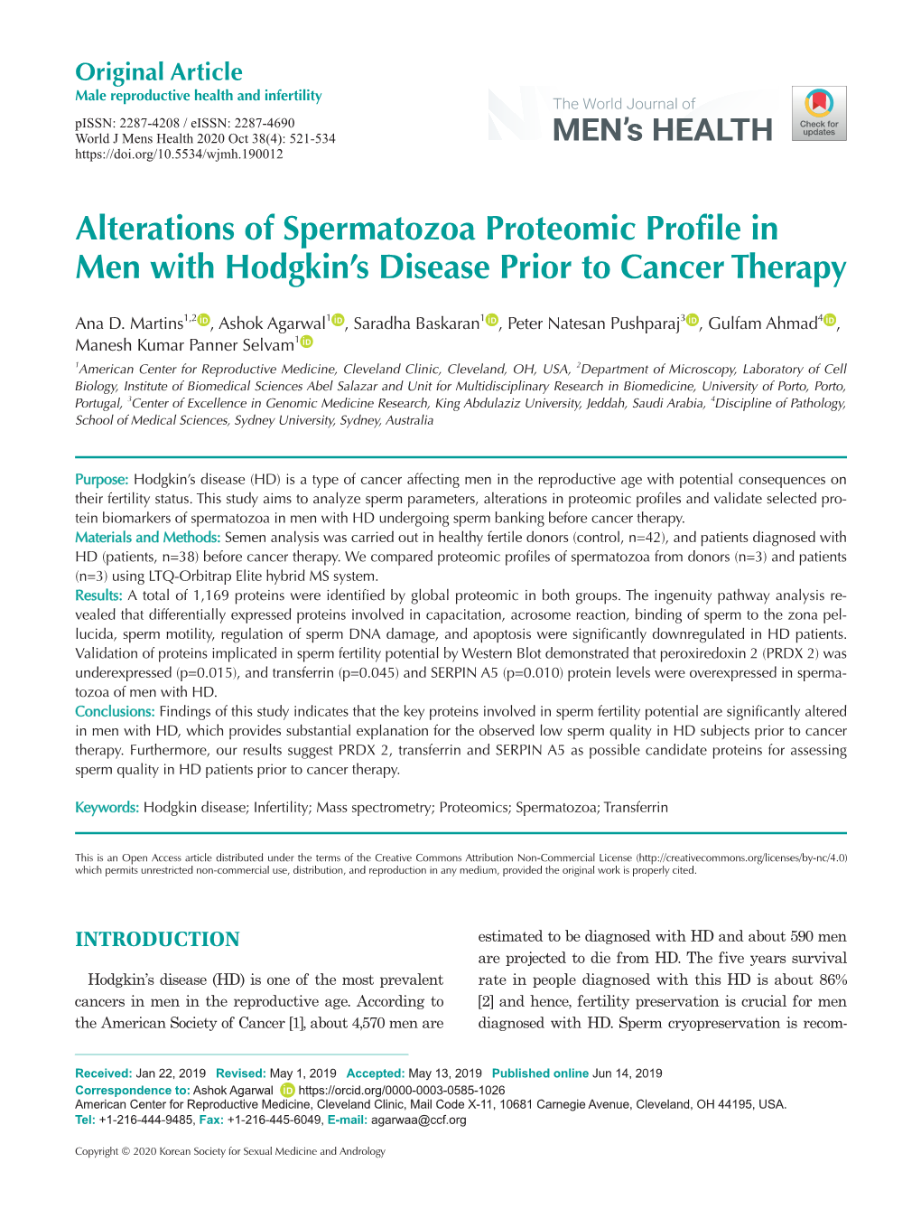 Alterations of Spermatozoa Proteomic Profile in Men with Hodgkin's