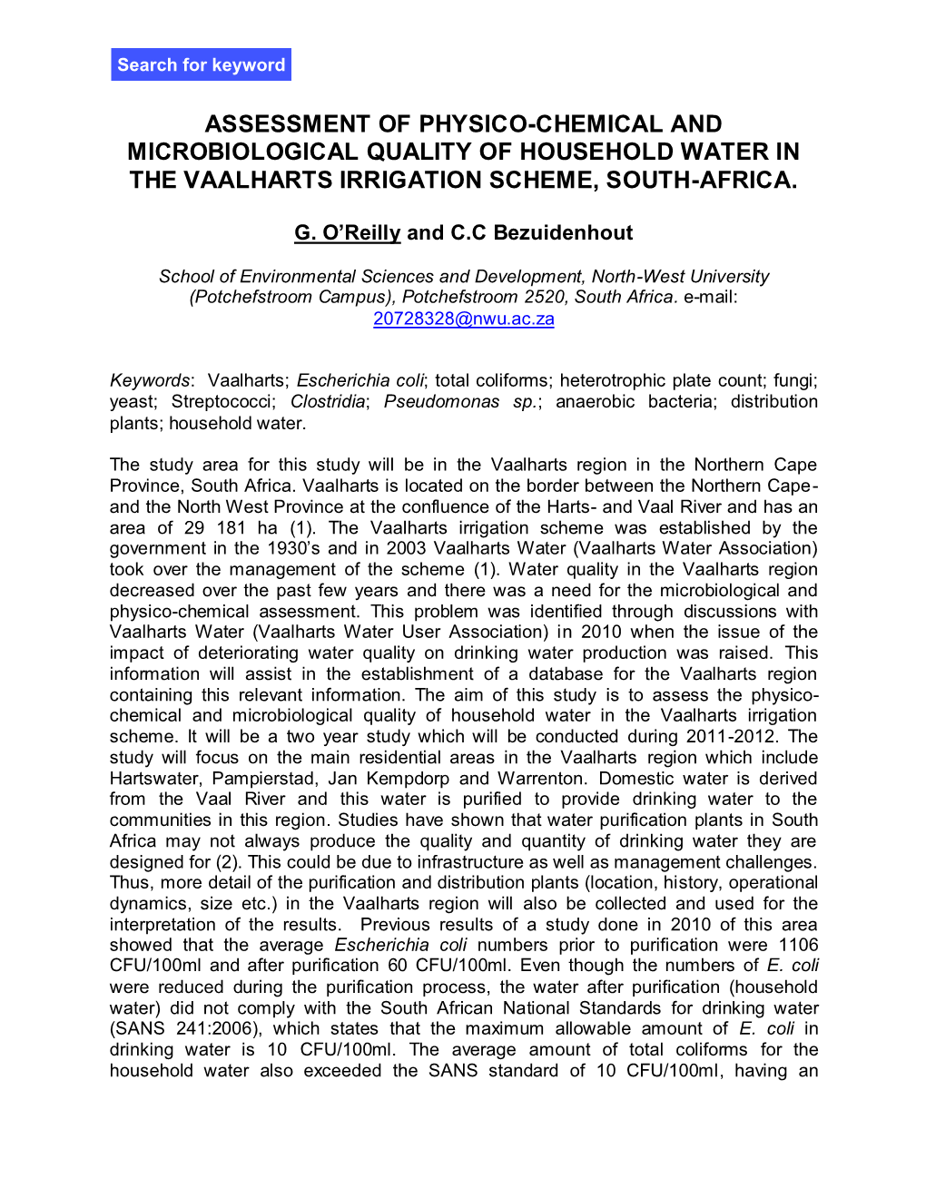 Assessment of Physico-Chemical and Microbiological Quality of Household Water in the Vaalharts Irrigation Scheme, South-Africa