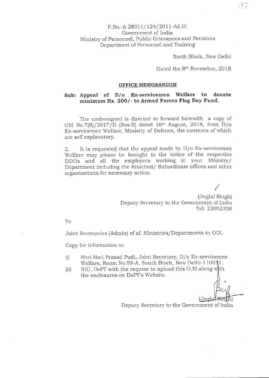 F.No.-A 28011/ 124/2011-Ad.III Government of India Ministry of Personnel, Public Grievances and Pensions Department of Personnel and Training