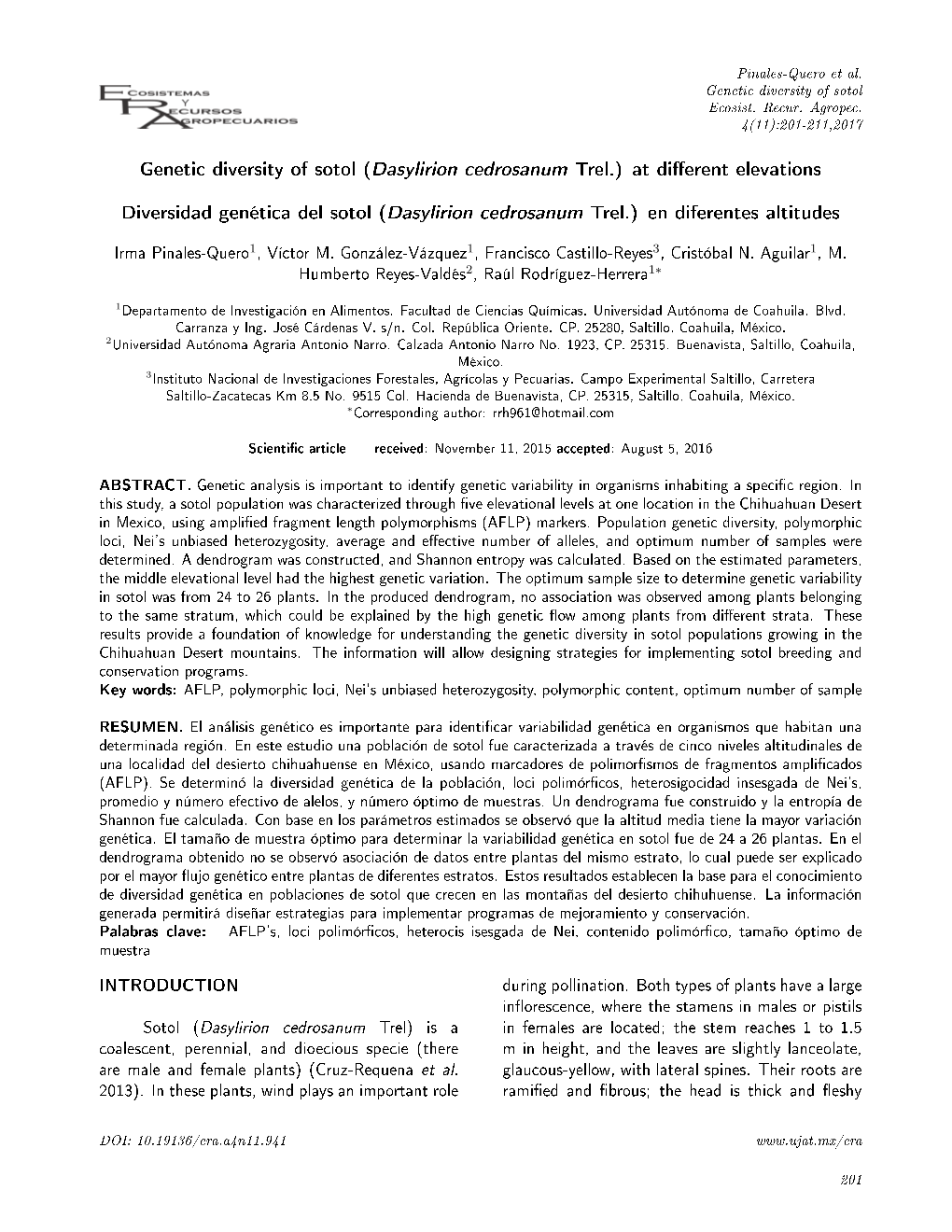 Genetic Diversity of Sotol (Dasylirion Cedrosanum Trel.) at Di Erent